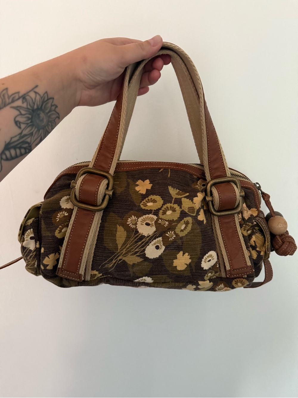 Fossil Brown Floral Satchel with Tan Leather Trim